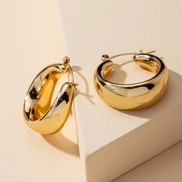 Gold Tone Hoop Earrings Wide - Picture 3 of 4